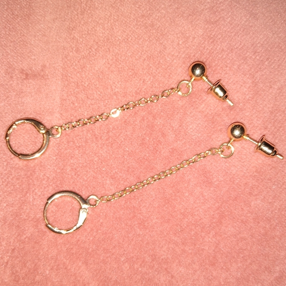 Gold Double Pierced Ears Connected Earrings Chain Hoops Piercing Hoop Studs - Picture 9 of 11